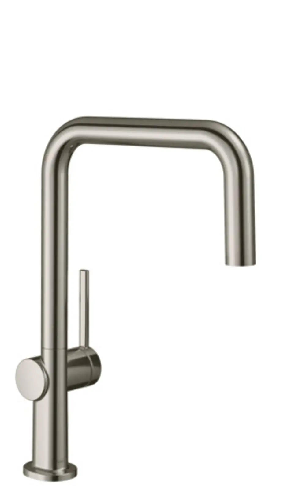 Hansgrohe Spültischmischer in Edelstahl-Optik mit einem geraden, modernen Design und einem seitlichen Hebel für die Wasserregulierung.